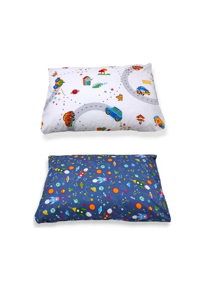 Bebek Özel %100 Pamuklu Çocuk Yastık Kılıfı 50x70 CM 2 Adet Trafik - Mavi Galaksi Desenli