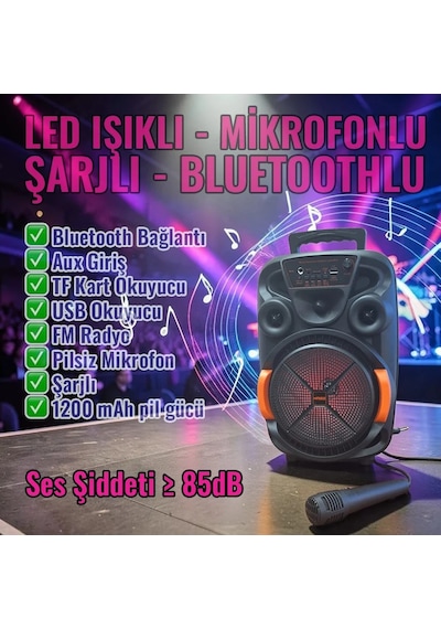 Upway Led Işıklı Mikrofonlu Şarjlı Bluetooth Hoparlör 10w Tf Usb Aux Tws 8 İnç Bass Woofer