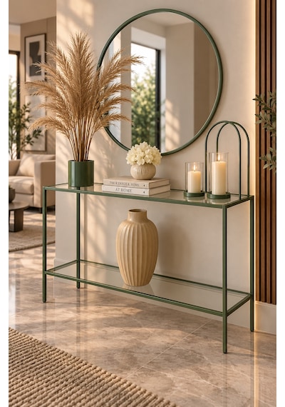 Teknor Şeffaf Camlı Yeşil Metal Konsol 100 Cm Modern Salon Dresuarı