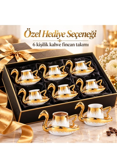 Valkyrie Kuğu Serisi 6 Kişilik 12 Parça Gold Kuğu Tasarımlı Türk Kahvesi Fincan Takımı Hediyelik Set Beyaz Altın