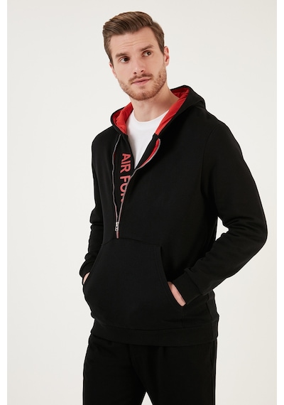 Buratti Kanguru Cepli Fermuarlı Kapüşon Yaka Slim Fit Erkek Sweat 575707 Siyah-Kırmızı