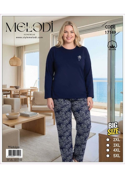 Melodi Kadın Büyük Beden %100 Pamuk Bisiklet Yaka Uzun Kollu Baharlık Pijama Takımı 17149 - 1 Adet Lacivert Melodi Kadın Büyük Beden %100 Pamuk Bisiklet Yaka Uzun Kollu Baharlık Pijama Takımı 17149 - 1 Adet Lacivert