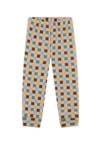 Antebies Organik Gots Sertifikalı Pastel Damalar Desen Bel Lastikli Tshirt Pantolon Erkek Çocuk Pijama Takımı Bej