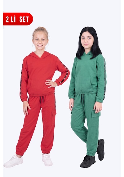 Panios Kids 2'li Kız Çocuk Şerit Detaylı Kargo Cepli Kapüşonlu 4 Parça Eşofman Takımı Kırmızı-yeşil