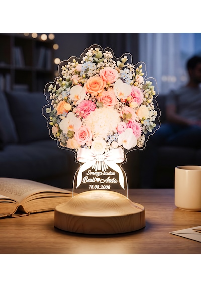 Pastel Gül Buketi Işıklı Çiçek Buketi Led Lamba - Sevgiliye, Eşe Kişiye Özel Yıl Dönümü Hediyesi Solmayan Çiçek Lambası