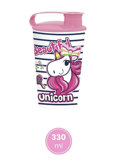 2'li Unicorn Çocuk Meşrubat Bardak Seti, Pipetli Kapaklı Su Süt Meyve Suyu Bardağı 330 Ml 2 Li Set Pembe