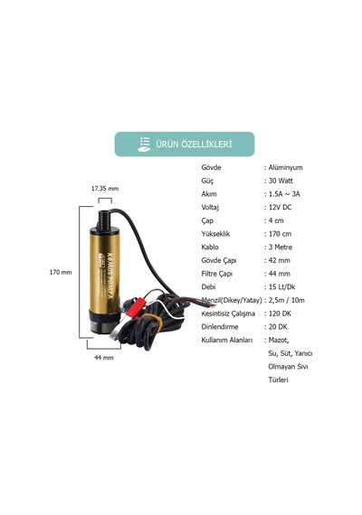 Kızılırmak 12 Volt Alüminyum Dalgıç Tipi Sıvı Aktarma Seti Pompa