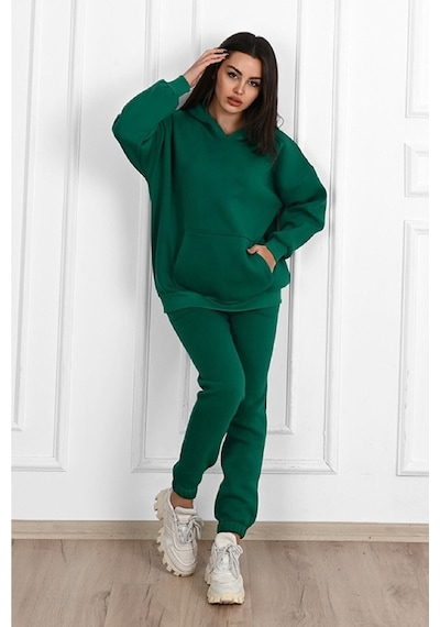 Düz Basic Eşofman Takımı Sweatshirt Jogger - Yeşil Oversize Şardonlu Kapüşonlu Yeşil