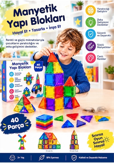 Teknozeel Manyetik Yapı Blokları 40 Parça Mıknatıslı 3 Boyutlu Eğitici Zeka Geliştirici Oyuncak Seti