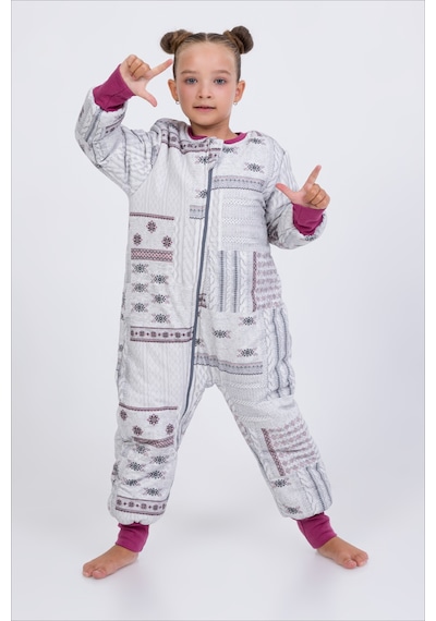 Cantoy Kız Erkek Çocuk Kalın Elyaf Dolgulu Premium Kalite 2.5 Tog Desenli Uyku Tulumu Gri - Gülkurusu
