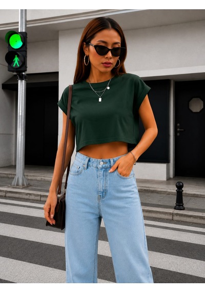 Bonnywıll Bonnywılll Bisiklet Yaka Düşük Kol Crop T-shırt Haki