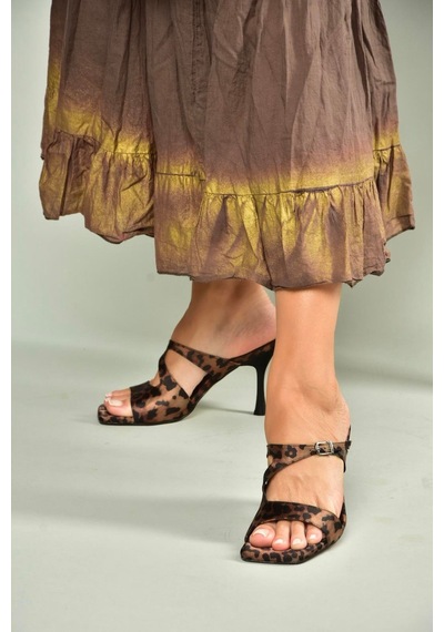 Fox Shoes U590034404 Siyah/leopar Kumaş Topuklu Kadın Terlik Siyah - Kahverengi