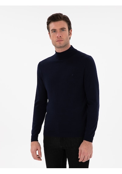 Cacharel Lacivert Slim Fit Yün Karışımlı Yarım Balıkçı Yaka Basic Triko Kazak