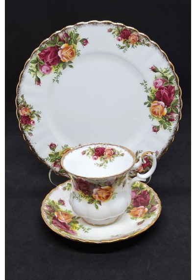Old Country Roses England Antıque Bone China Double Size Trıo Coffee Cup & Saucer Kırmızı