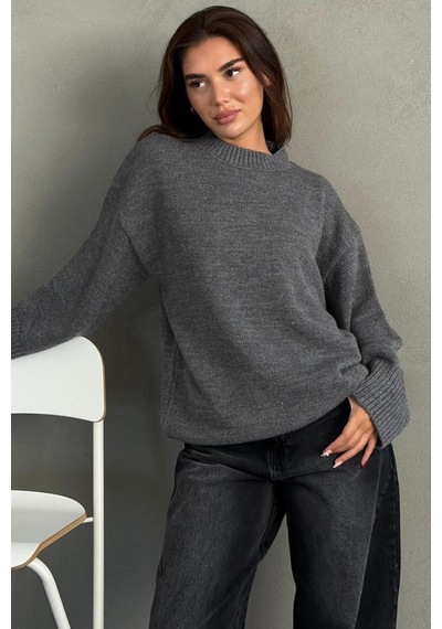 Madmext Antrasit Bisiklet Yaka Oversize Uzun Kadın Triko Kazak Mg2890
