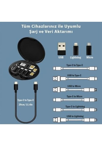 6in1 Super Şarj 60w Şarj Kablo İstasyonu Usb Typc-e Dönüştürücü, Sim Aparatlı Seyahat Seti Siyah