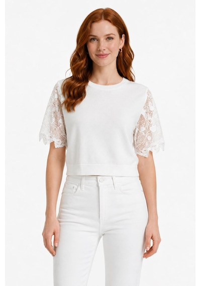 Neden Tekstil Kadın Beyaz Dantel Detaylı Kısa Kollu T-shirt