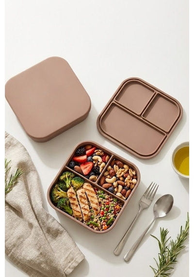 3 Bölmeli Silikon Saklama Kabı Kapaklı, Sızdırmaz, Lunch Box & Öğün Kabı Toprak Renk Toprak