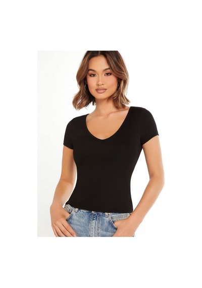 Liona V Yaka Siyah Renk Fitilli Kısa Kollu Slim Fit Crop Top Bluz Siyah