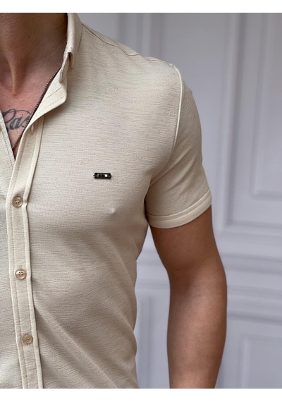 Modefendi Slim Fit Pamuk Örme Polo Yaka Kısa Kollu Gömlek Bej