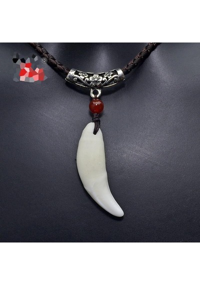 Doğal Tibet Beyaz Kurt Dişi Kolye Ayarlı Örgü Ipli Metal Charm Bo Bronz