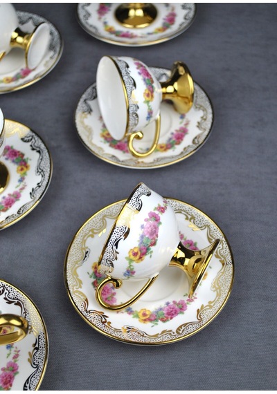6 Kişilik Porselen Pembe Çiçekli Vintage Gold Ayaklı Kahve Fincan Takımı 90 Ml