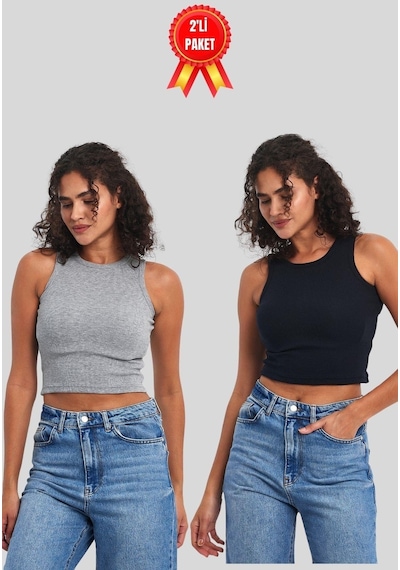 Comeor Kadın Siyah-beyaz Fitilli Görünümlü Askılı Kalın Esnek Örme 2'li Basic Crop Atlet Bluz Cmrb93 001