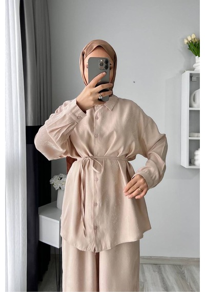 Neşeli Butik Kadın Jakarlı Alt Üst İkili Tesettür Takım Nms053 Bej