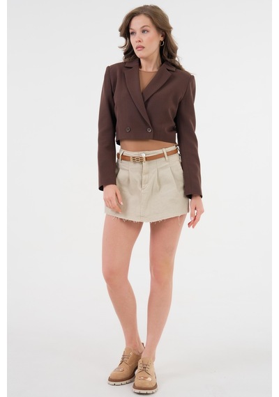 Acı Kahverengi Kruvaze Crop Blazer Ceket Acı Kahverengi