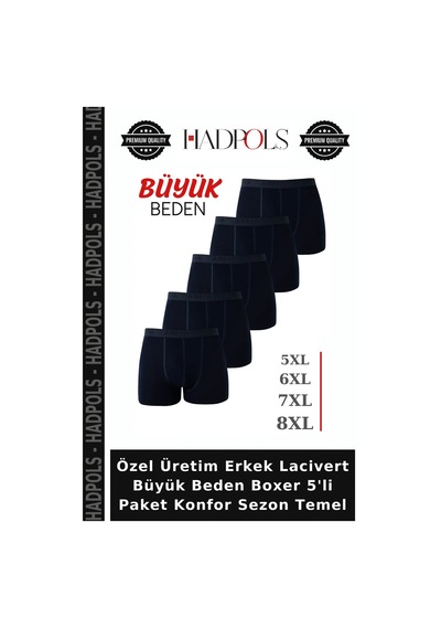 Hadpols Özel Üretim Erkek Lacivert Büyük Beden Boxer 5'li Paket Konfor Sezon Temel
