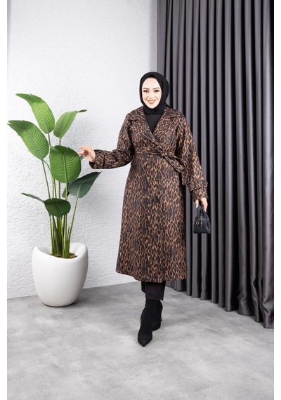 Harman Butik Kadın Astarlı Leopar Desenli Kaşe Kaban Kahverengi Kahverengi