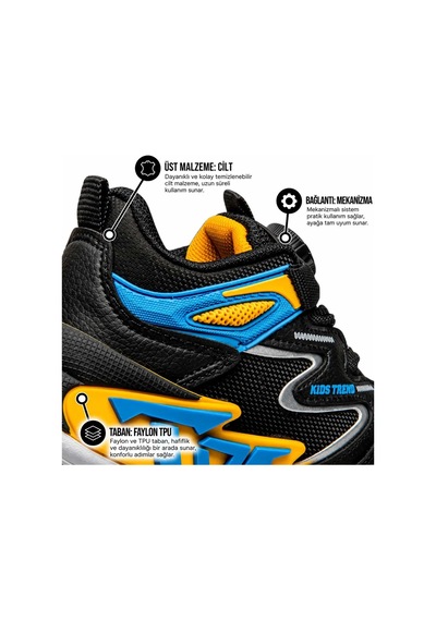 Tuğba Ortopedi T34 Çocuk Okul Öncesi Işıklı Rahat Sneaker Siyah/sarı