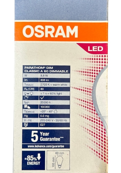 Osram Parathom 8.8w 60w 2700k Sarı Işık E27 Duylu Dim Edilebilir Led Ampul 2 Adet