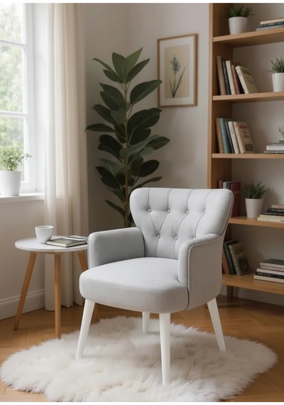 Waterybrook Tekli Berjer Koltuk - Kapitoneli Babyface Kumaş - Beyaz Ahşap Ayaklı - Retro Modern Tasarım Gümüş
