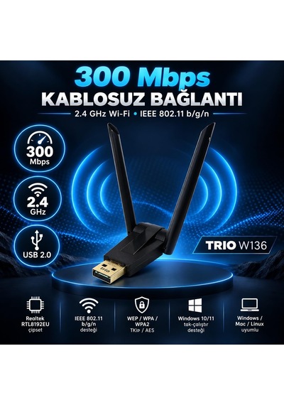 Trıo W136 300mbps Realtek Rtl8192eu Kablosuz Wifi Adaptör, Çift Antenli Usb Wireless Dongle, Pc Laptop Notebook İçin Usb Wifi Alıcı, Windows 10/11 Uyumlu Tak Çalıştır Kablosuz İnternet Adaptörü