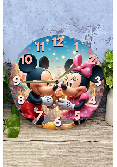 Kututr Mickey &amp Minnie Temalı Renkli Mdf Duvar Saati 3d Görünümlü Sessiz Mekanizmalı 2d Hd Baskı Sdw242,s