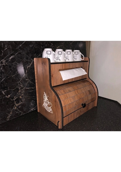 Ekmeklik New Bread Box,havlu Peçetelik Saklama Gözlü, Baharatlık Rafı, Dekoratif Demonte Ceviz