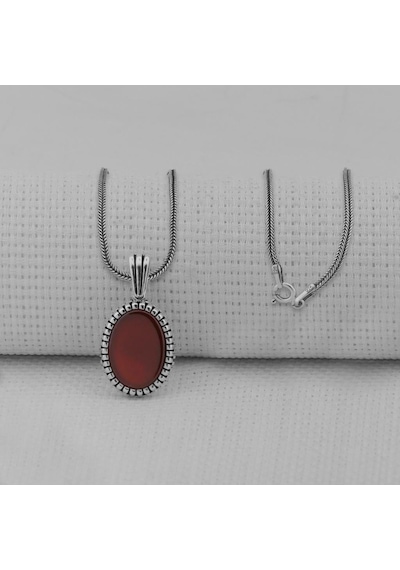 Takıhan Kırmızı Akik Taşlı Oval 925 Ayar Erkek Gümüş Kolye