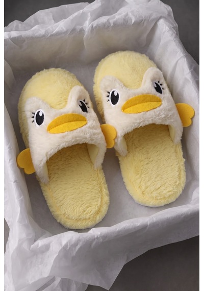 Kadın Penguen Figürlü Peluş Ev Terliği Açık Burun Arkası Açık Yumuşak Tabanlı Kışlık Çeyizlik Panduf Sarı