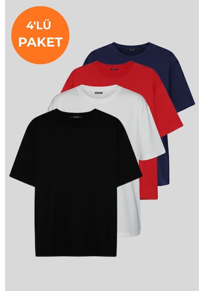 Soft&Basic Kadın 4'lü %100 Organik Pamuk Oversize Fit Basic Yuvarlak Yaka T-shirt Siyah-beyaz-kırmızı-lacivert