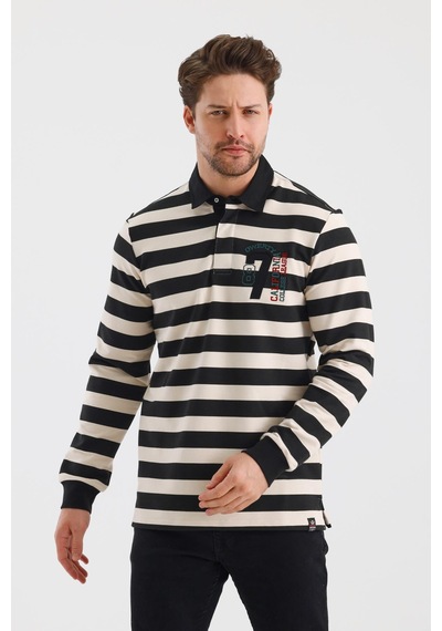 Alexander Gardi Alexandergardı Polo Yaka Nakış Aplikeli Çizgili Regular Fit Sweatshırt Wk25214 001