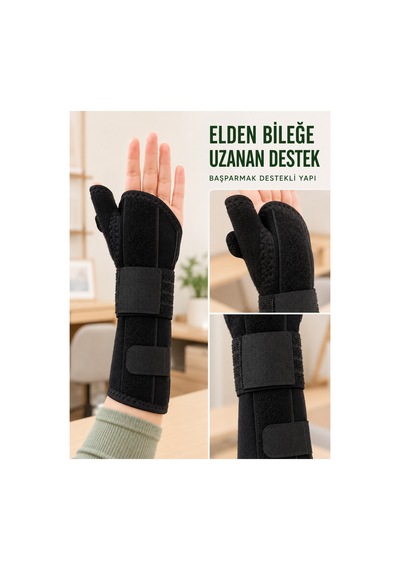 Statik El Bilekliği Metal Destekli Başparmak Ateli Uzun Bilek Destekleyici - Siyah Siyah