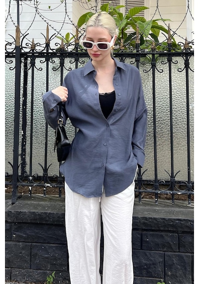Madmext Füme Uzun Kollu Oversize Gömlek Mg2003-füme Füme
