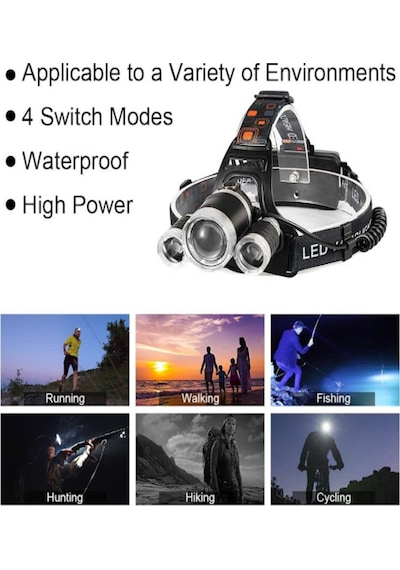 Power Style Prof 3 Kafa Çift Akü Zooumlu Kafa Lambası Güçlü Işık
