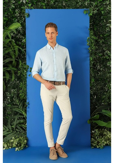 Efor Comfort Fit Düğmeli Yaka %100 Keten Apoletli Casual Mavi Gömlek G 1564 Mavi