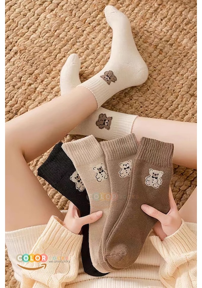 5 Çift Havlu Teddy Desenli Kışlık Kadın Çorap Isı Emici Çok Renkli