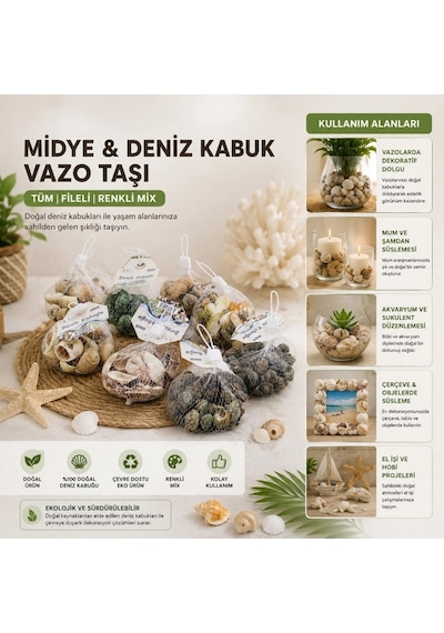Dekoratif Vazo Taşı - Midye Ve Deniz Kabuğu - Fileli Renkli Mix
