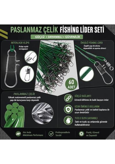Valkyrie 60 Adet Çelik Fishing Leader Seti Paslanmaz Çelik Olta Halatı Lider Teli 3 Boy Karışık