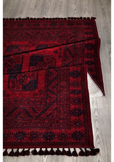 Kırmızı Renkli Afgan Tarzı Altı Kaymaz Yıkanabilir Şönil Kilim-56