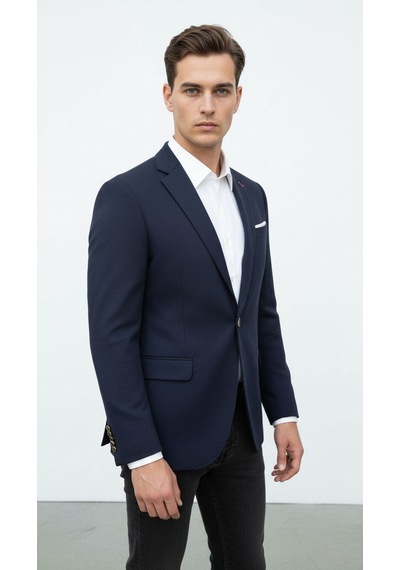 Plus Scorpion Lacivert Erkek Slim Fit Tek Düğmeli Blazer Ceket Şık Dokulu Kumaş, Astarli, Günlük Ve Ofis Kombinlerine Uygu Lacivert